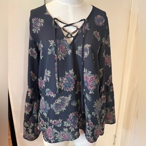Abercrombie & Fitch Navy Lace-Up Floral Tunic black flowy long sleeve Sz S